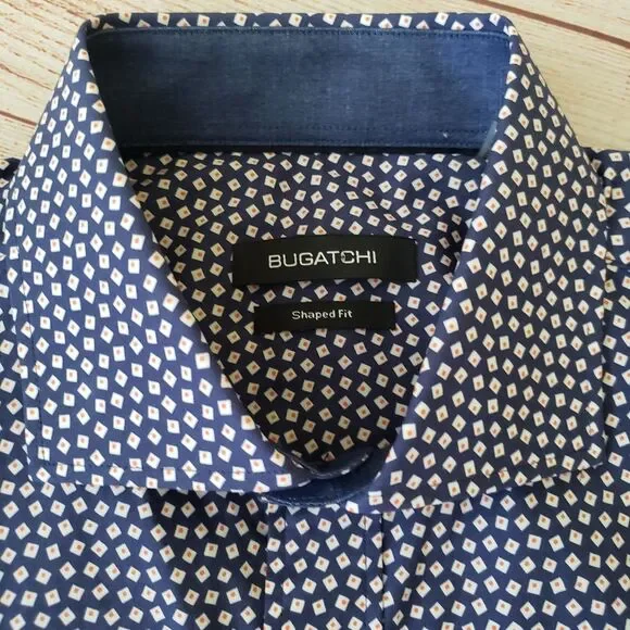 Bugatchi Short Sleeve Button Front Shirt Men's Size Medium Navy Blue Red White